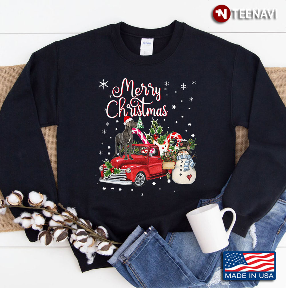 Funny Christmas Great Dane Dog Ride Red Truck Xmas Santa Hat Sweatshirt