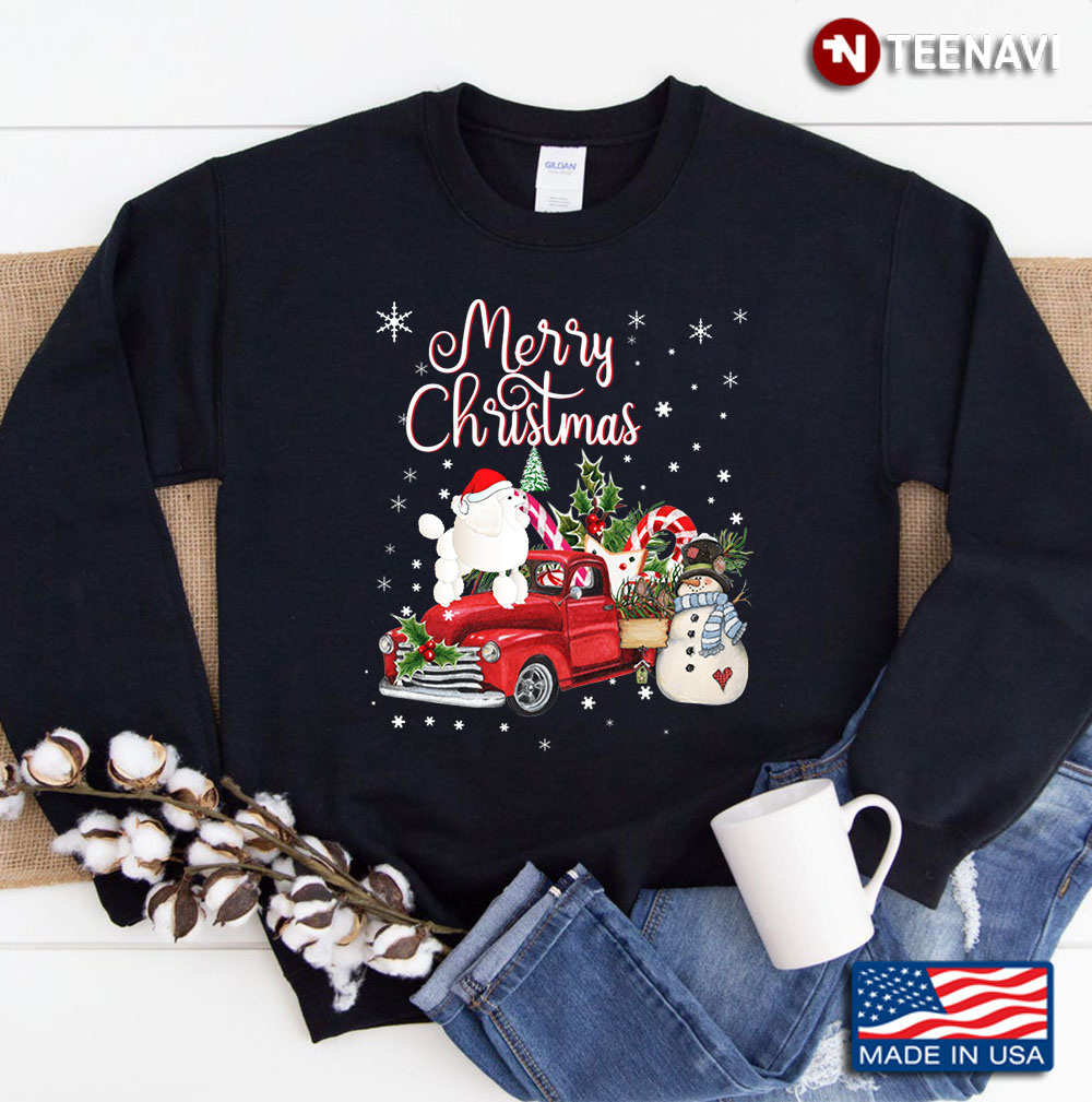 Funny Christmas Poodle Dog Ride Red Truck Xmas Santa Hat Sweatshirt