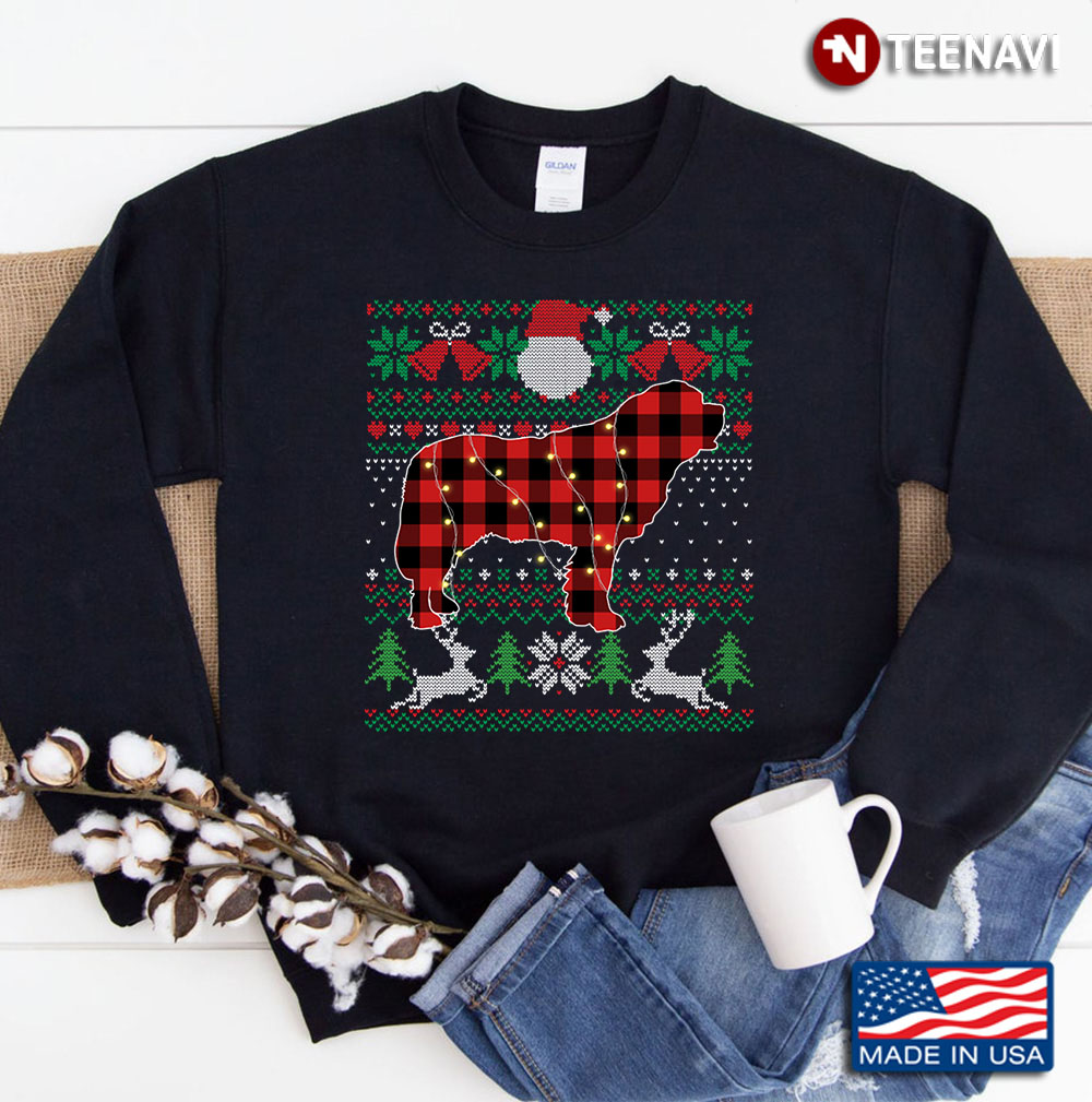 Funny Red Plaid Bernard Ugly Sweater Xmas Lights Gifts Dog Sweatshirt