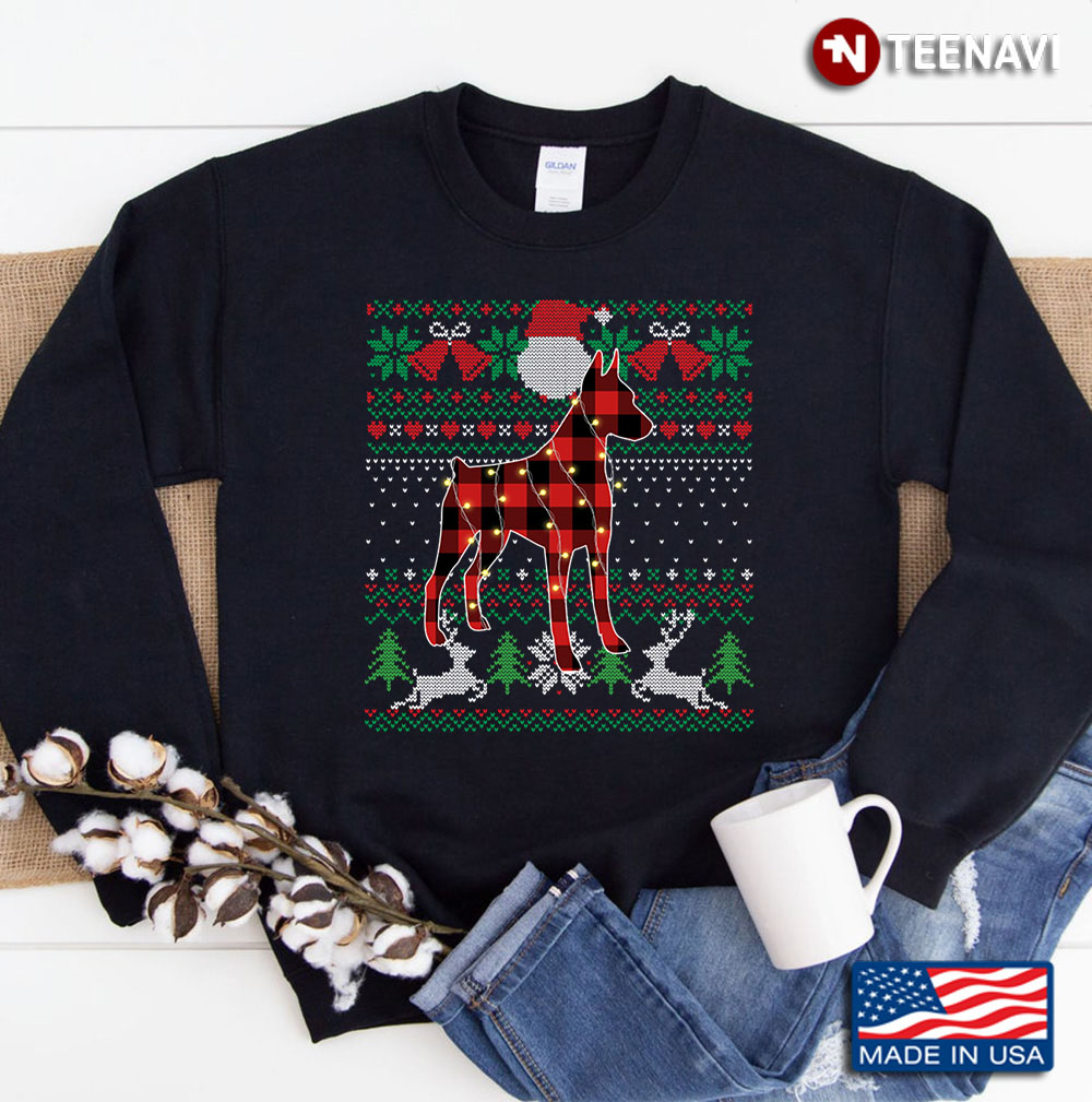 Funny Red Plaid Doberman Ugly Sweater Xmas Lights Gifts Dog Sweatshirt