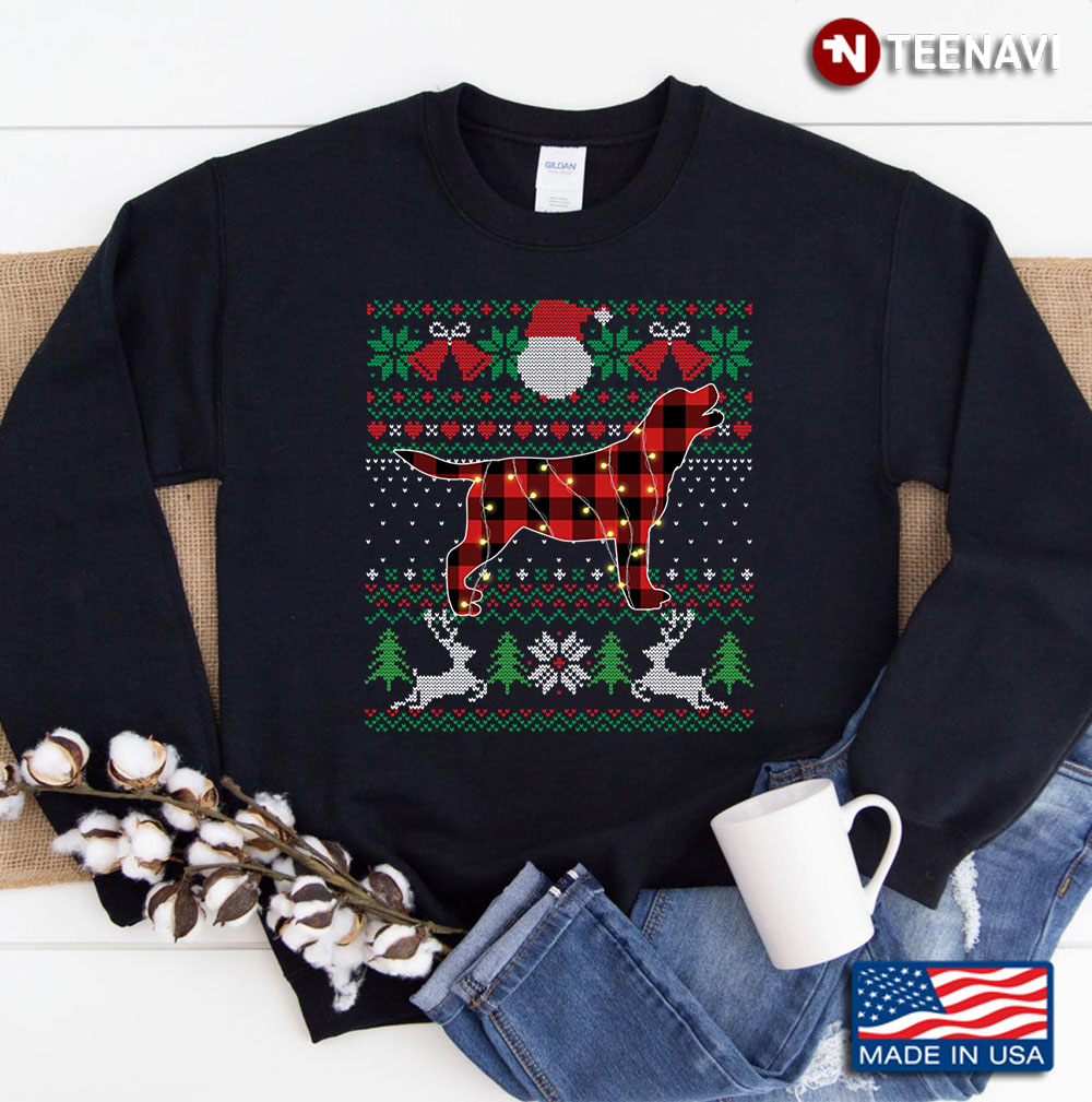 Funny Red Plaid Labrador Ugly Sweater Xmas Lights Gifts Dog Sweatshirt
