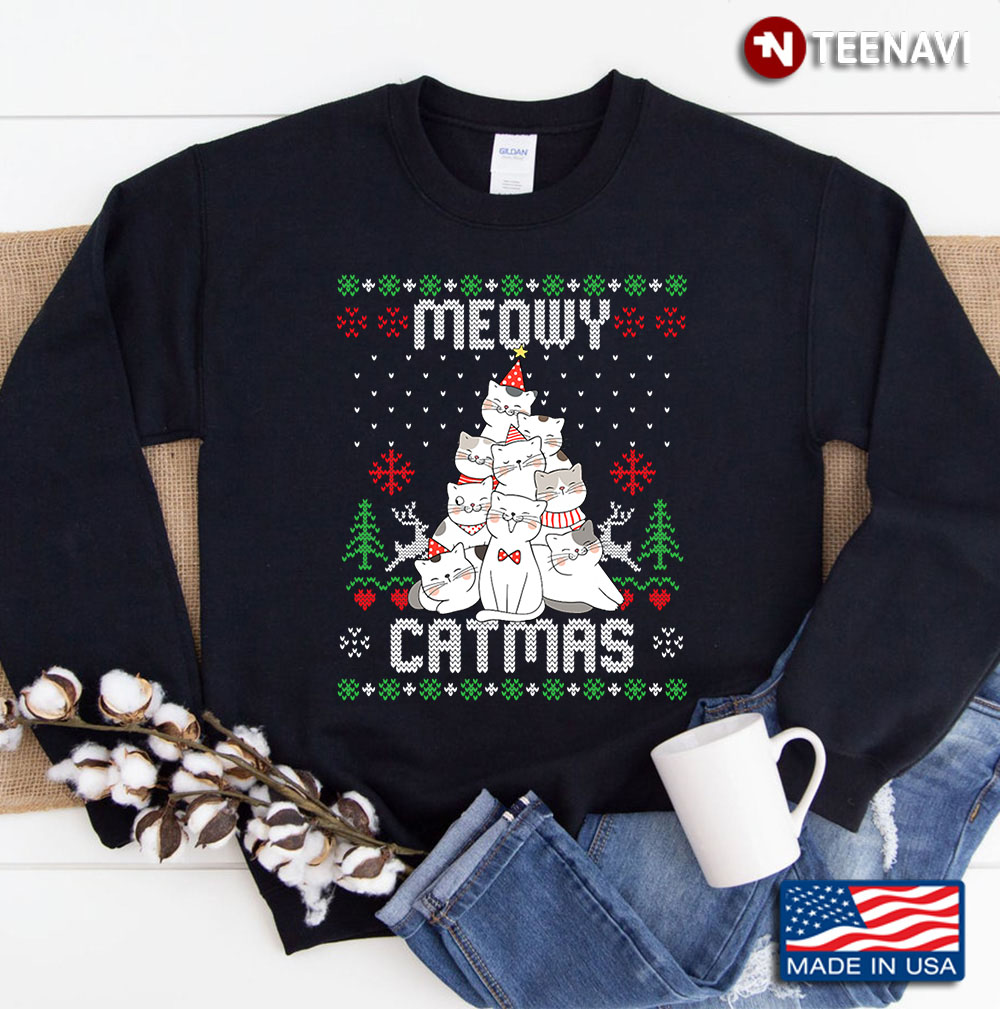 Meowy Catmas Ugly Christmas Sweater Funny Xmas Tree Cat Gift Sweatshirt