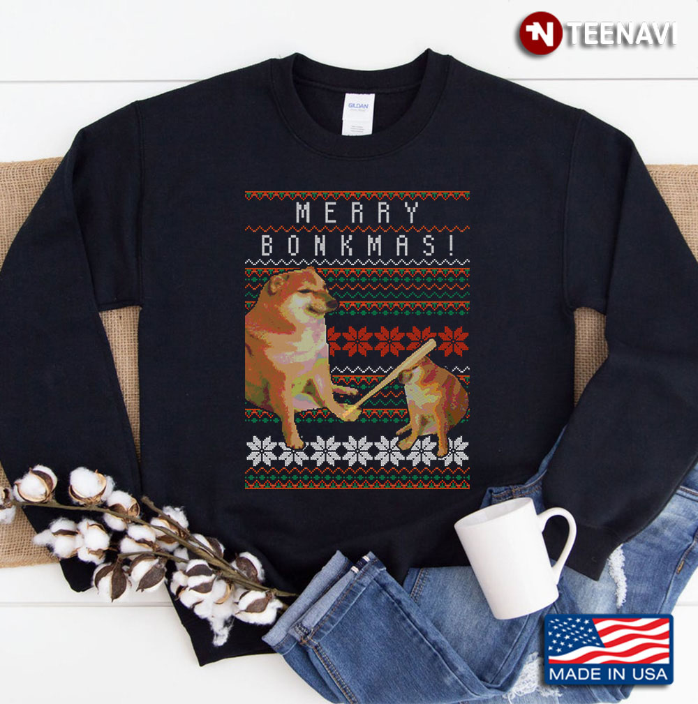 Merry Bonkmas Cheems Doge Bonk Meme Ugly Christmas Sweater Style Sweatshirt