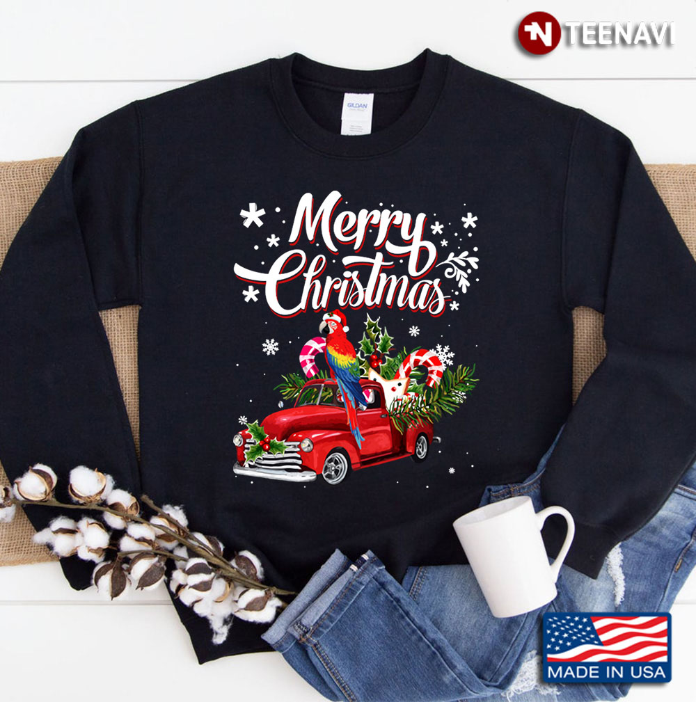 Merry Christmas Parrots Riding Red Truck Christmas Sweatshirt