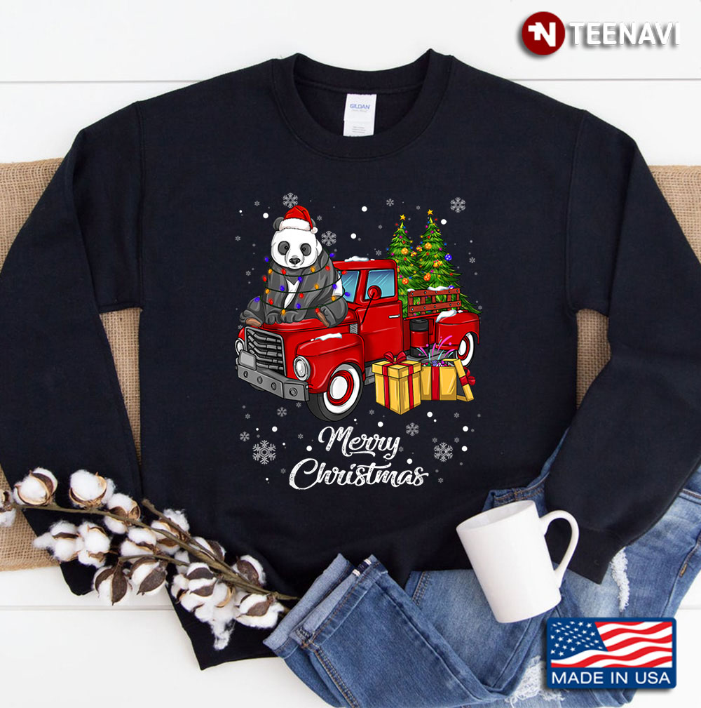 Panda Rides Red Truck Christmas Pajama Gift Sweatshirt