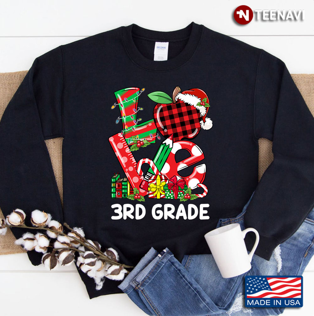 Plaid Apple Santa Hat Love Teacher Life Christmas 3rd Gift Sweatshirt