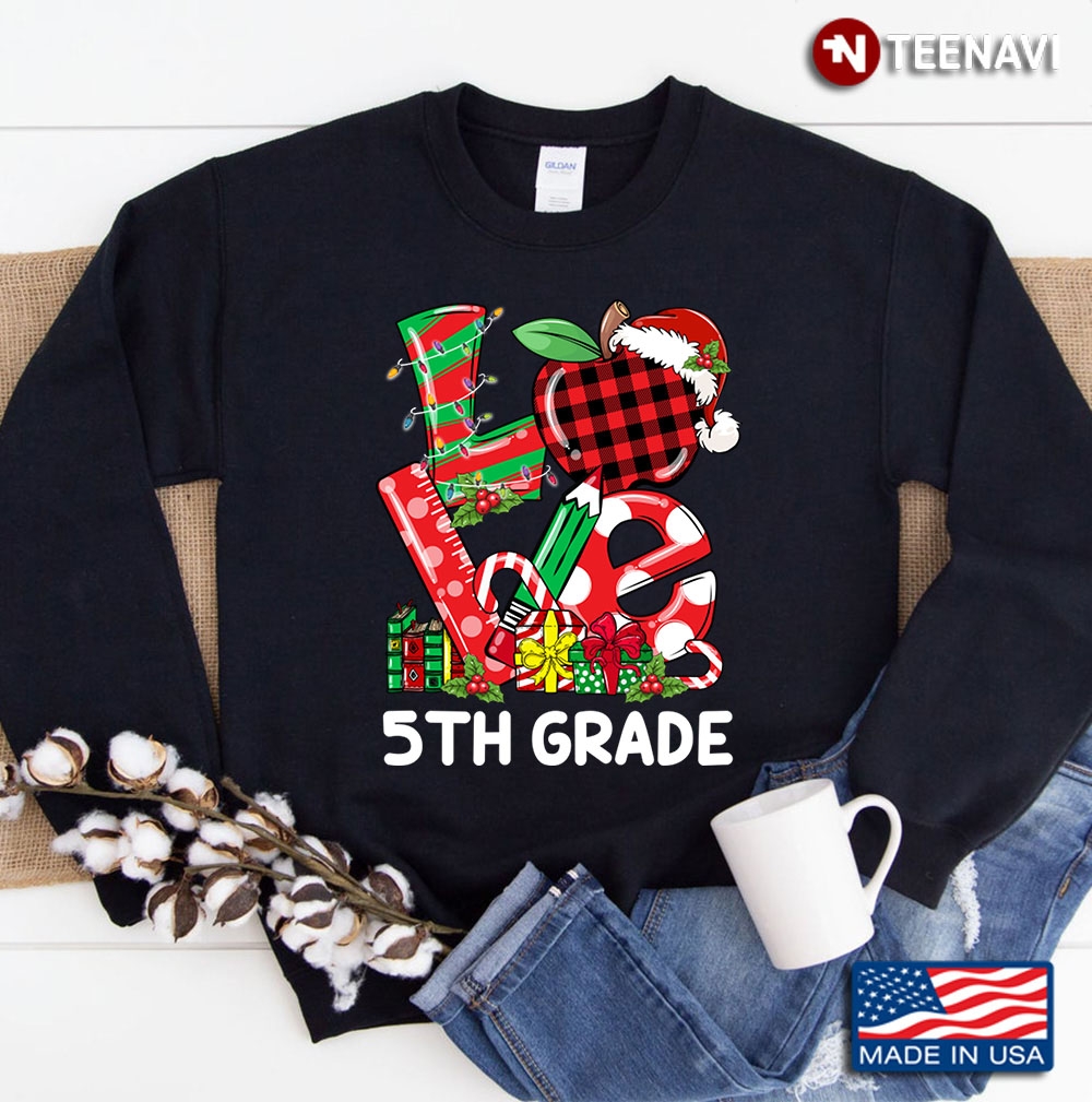 Plaid Apple Santa Hat Love Teacherlife Christmas 5th Grade Gift Sweatshirt