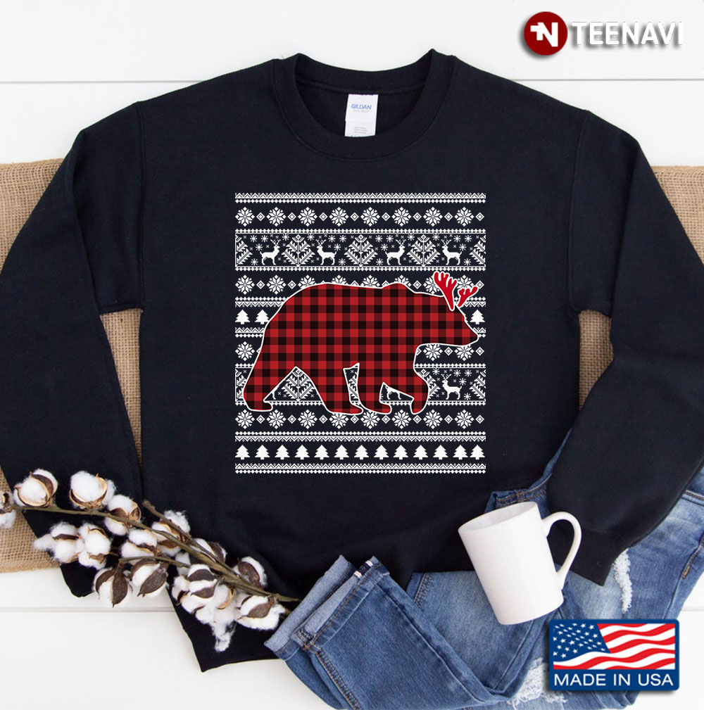 Red Plaid Buffalo Bear Dog Christmas Pajamas Xmas Gifts Sweatshirt