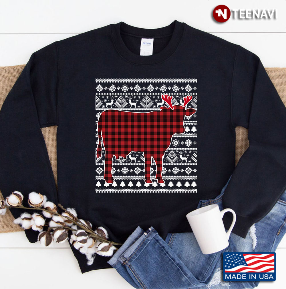 Red Plaid Buffalo Cow Dog Christmas Pajamas Xmas Gifts Sweatshirt