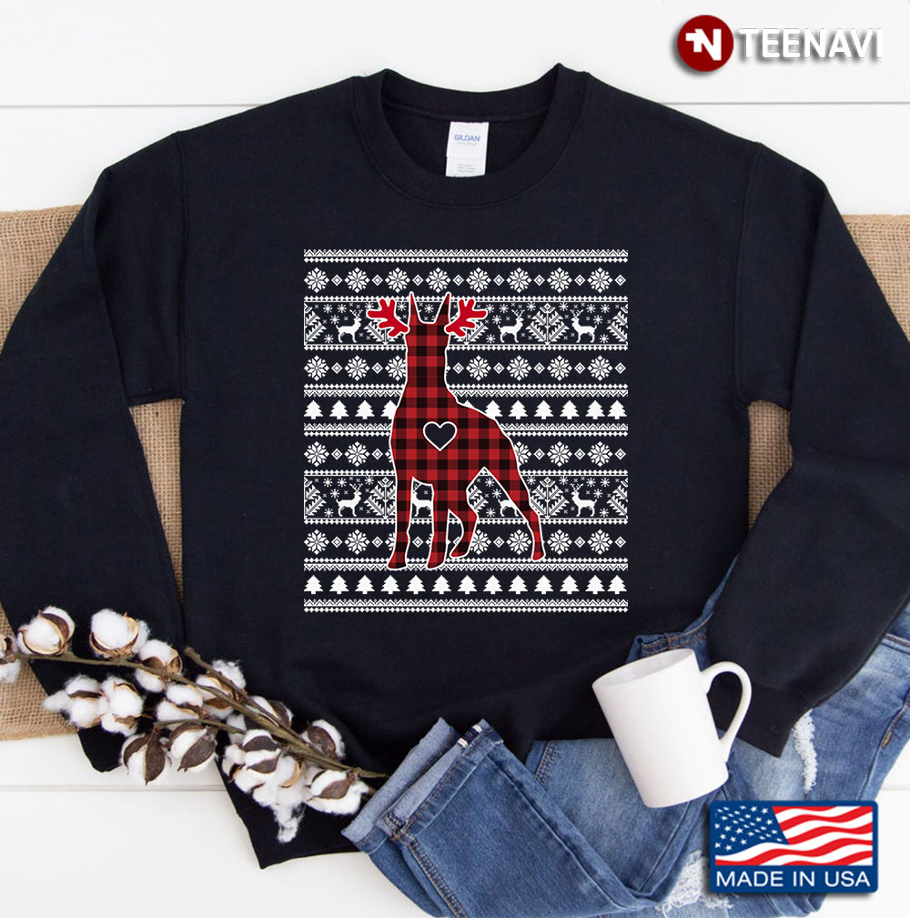 Red Plaid Buffalo Doberman Dog Christmas Pajamas Xmas Gifts Sweatshirt