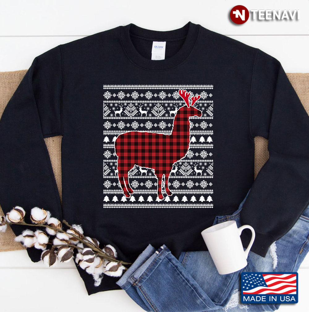 Red Plaid Buffalo Llama Dog Christmas Pajamas Xmas Gifts Sweatshirt