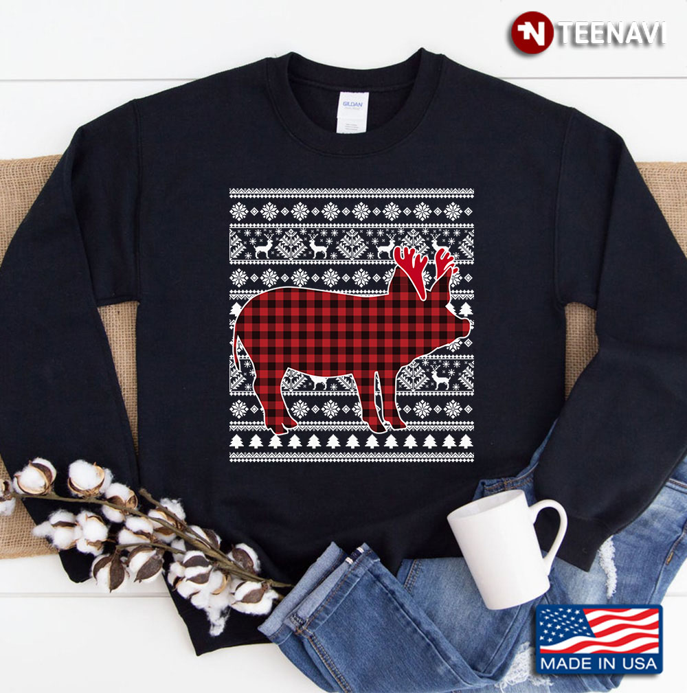 Red Plaid Buffalo Pig Dog Christmas Pajamas Xmas Gifts Sweatshirt