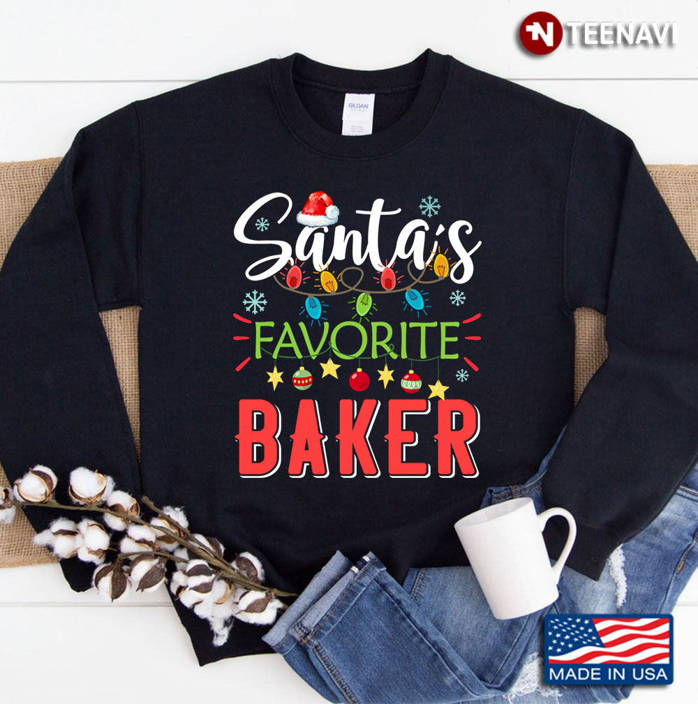 Santa's Favorite Baker Xmas Light Santa Hat Christmas Gift Sweatshirt