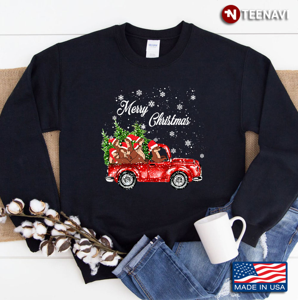 Vintage Merry Christmas Otter Red Truck Farmer Xmas, Otter Christmas Red Truck Raglan Funny - Otter Sweatshirt
