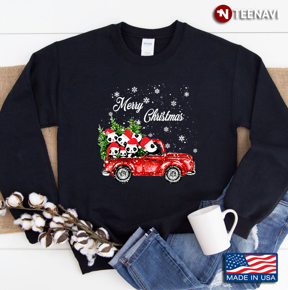 Vintage Merry Christmas Panda Red Truck Farmer Xmas, Panda Christmas Red Truck Raglan Funny - Panda Sweatshirt