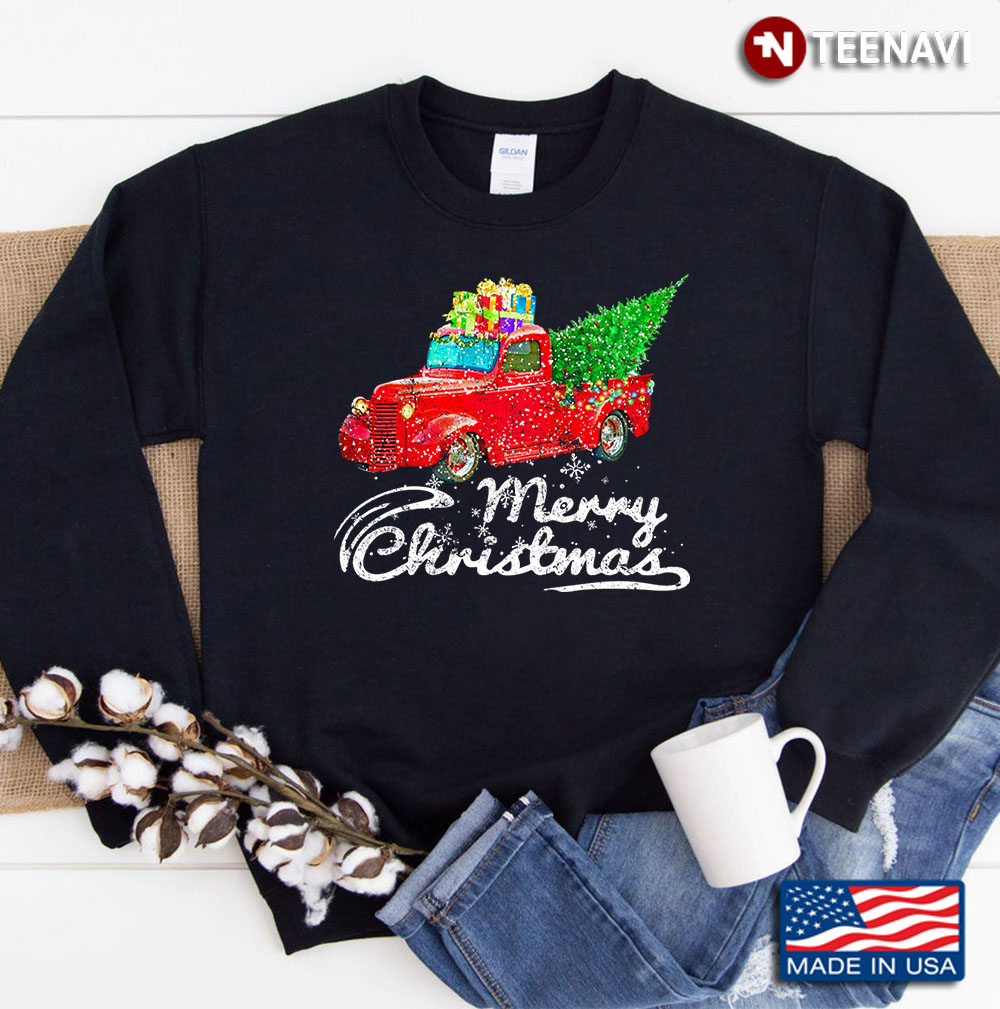 Vintage Wagon Red Truck Christmas Tree Pajama Gift Sweatshirt