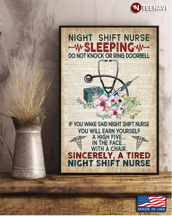 Vintage Dictionary Theme Floral Medical Corps Night Shift Nurse Sleeping Do Not Knock Or Ring Doorbell