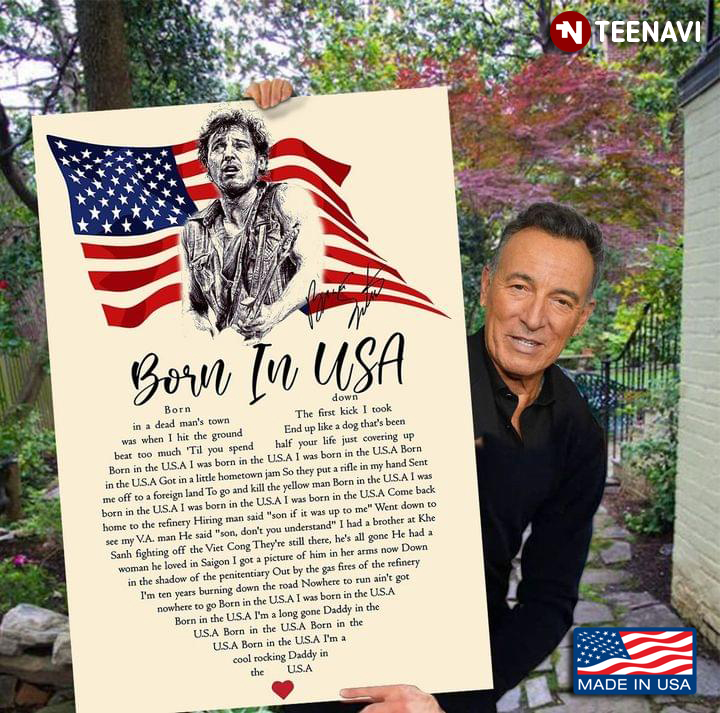 Vintage Born In The U.S.A. Lyrics With Heart Typography & Bruce Springsteen Autograph