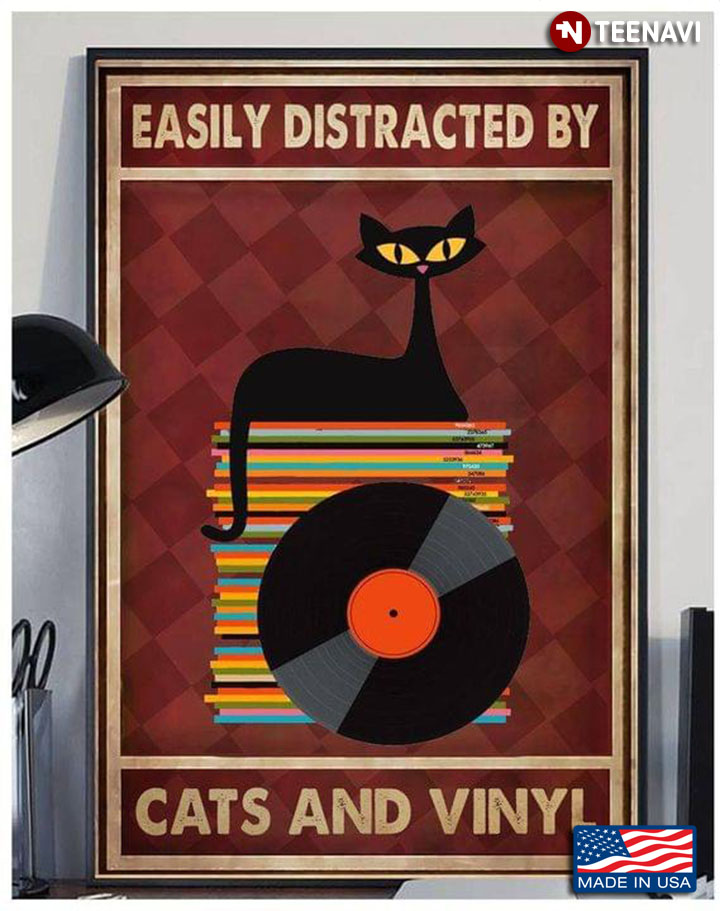 Vintage Black Cat Easily Distracted By Cats And Vinyl