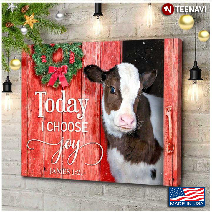 Vintage Christmas Mistletoe Wreath Brown & White Cow Today I Choose Joy James 1:2