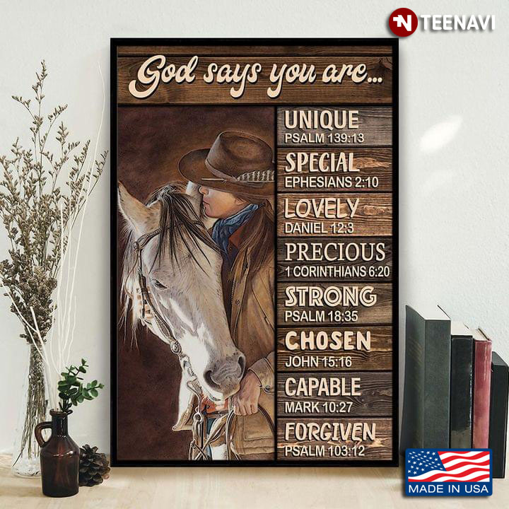 Vintage Cowgirl Kissing Horse God Says You Are Unique Special Lovely Precious Strong Chosen Capable Forgiven