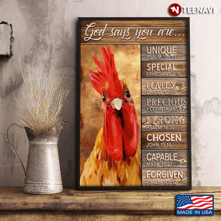 Vintage Rooster God Says You Are Unique Special Lovely Precious Strong Chosen Capable Forgiven