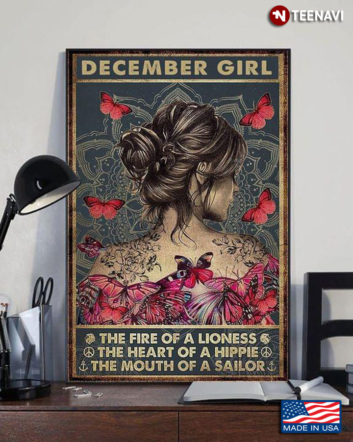 Vintage December Girl With Floral Tattoos & Pink Butterflies The Fire Of Lioness The Heart Of A Hippie