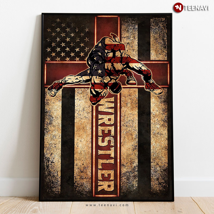 Vintage Two Wrestlers Fighting With Jesus Cross And USA Flag Poster
