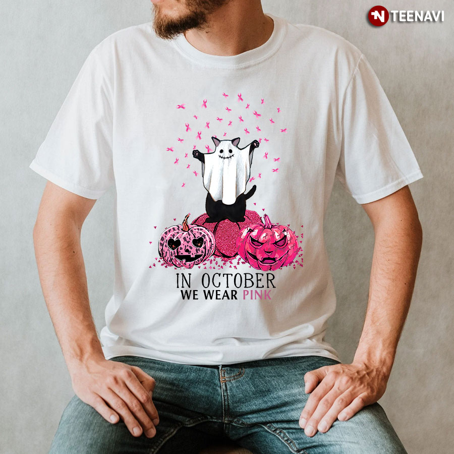 Boo Cat In October We Wear Pink Breast Cancer Awareness Halloween T-Shirt