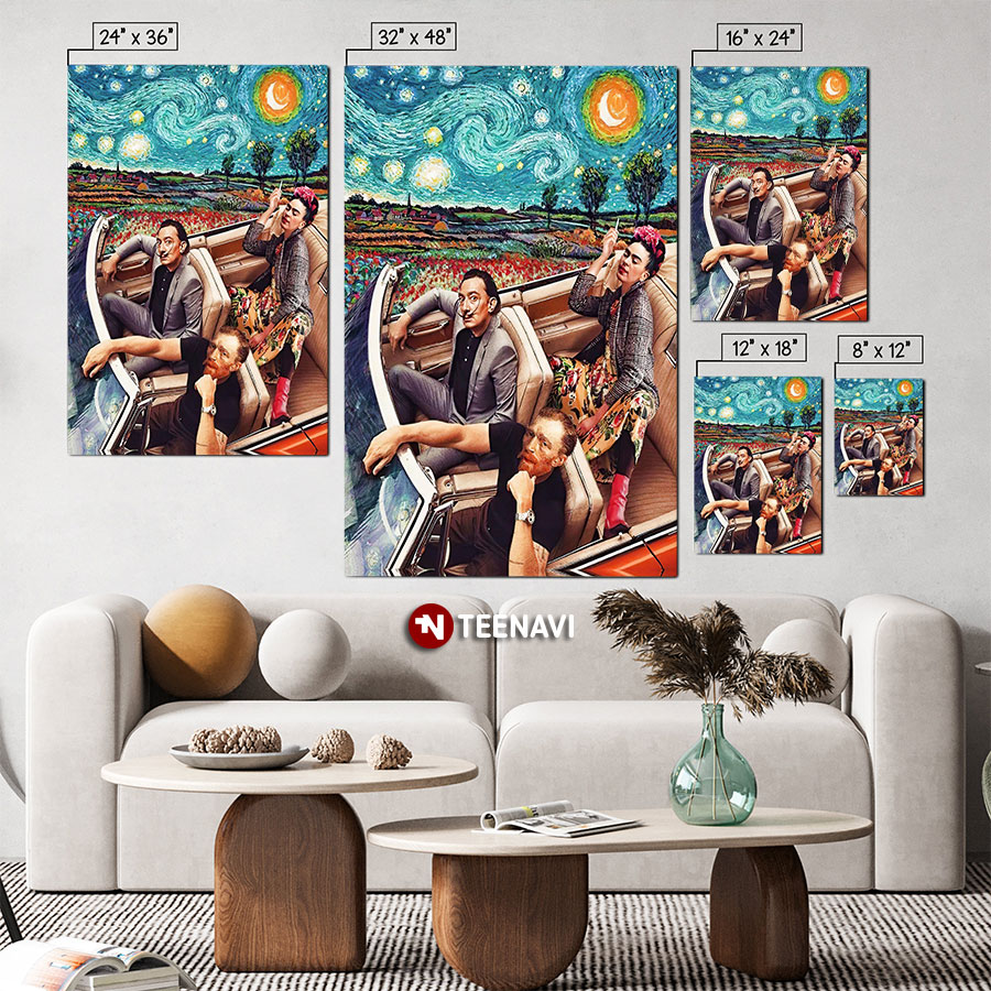 Frida Kahlo With Vincent Van Gogh And Salvador Dali In The Starry Night