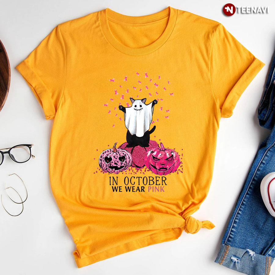 Boo Cat In October We Wear Pink Breast Cancer Awareness Halloween T-Shirt