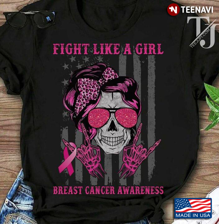 Skull Girl American Flag Fight Like A Girl Breast Cancer Awareness