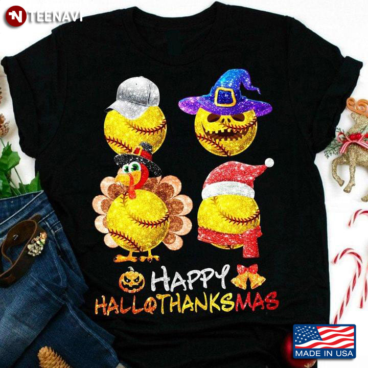 Softball Happy Hallothanksmas Halloween Thanksgiving Christmas T-Shirt
