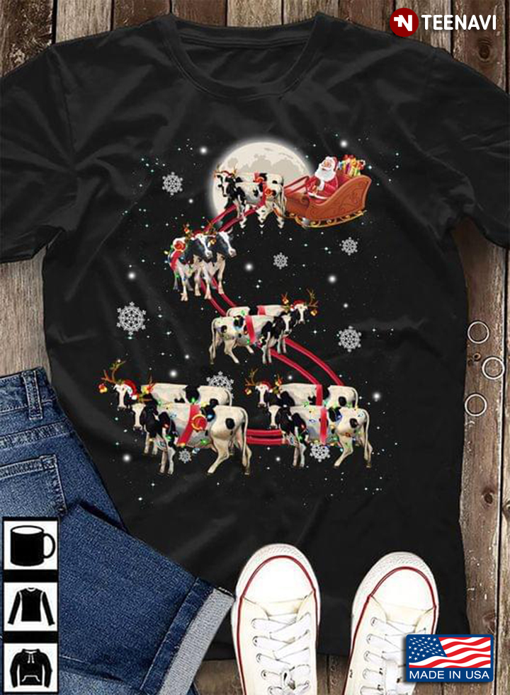 Santa Clause Riding Dairy Cow Merry Christmas