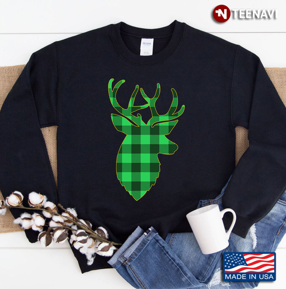 Deer Head Green Buffalo Plaid Christmas Sweatshirt