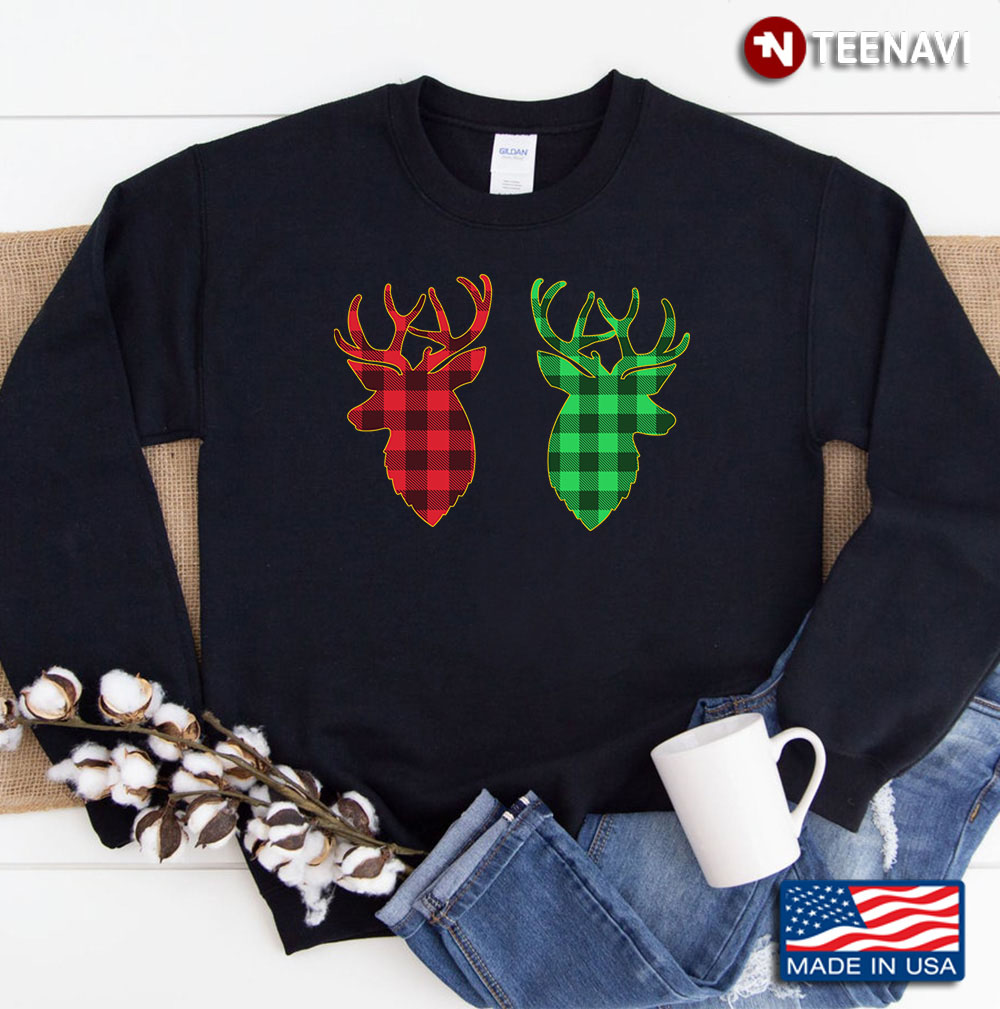 Deer Head Red And Green Buffalo Plaid Christmas Sweatshirt
