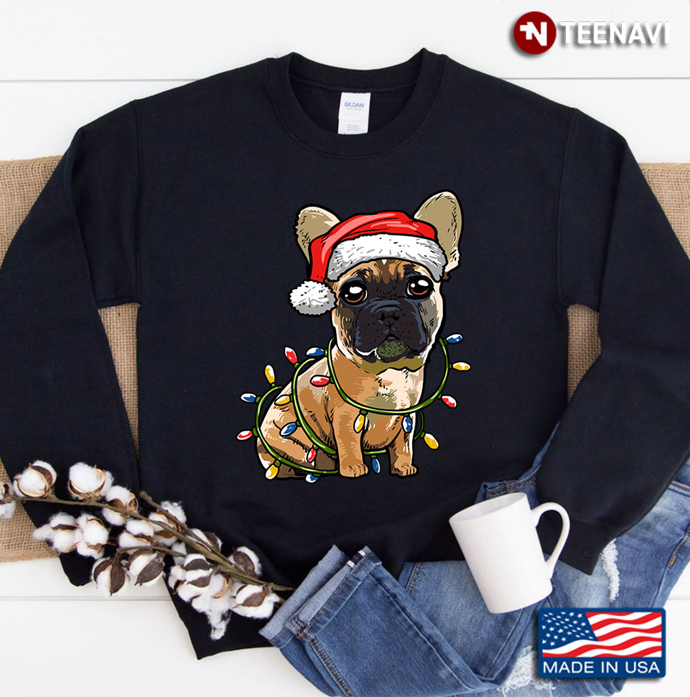 French Bulldog Santa Christmas Tree Lights Sweatshirt