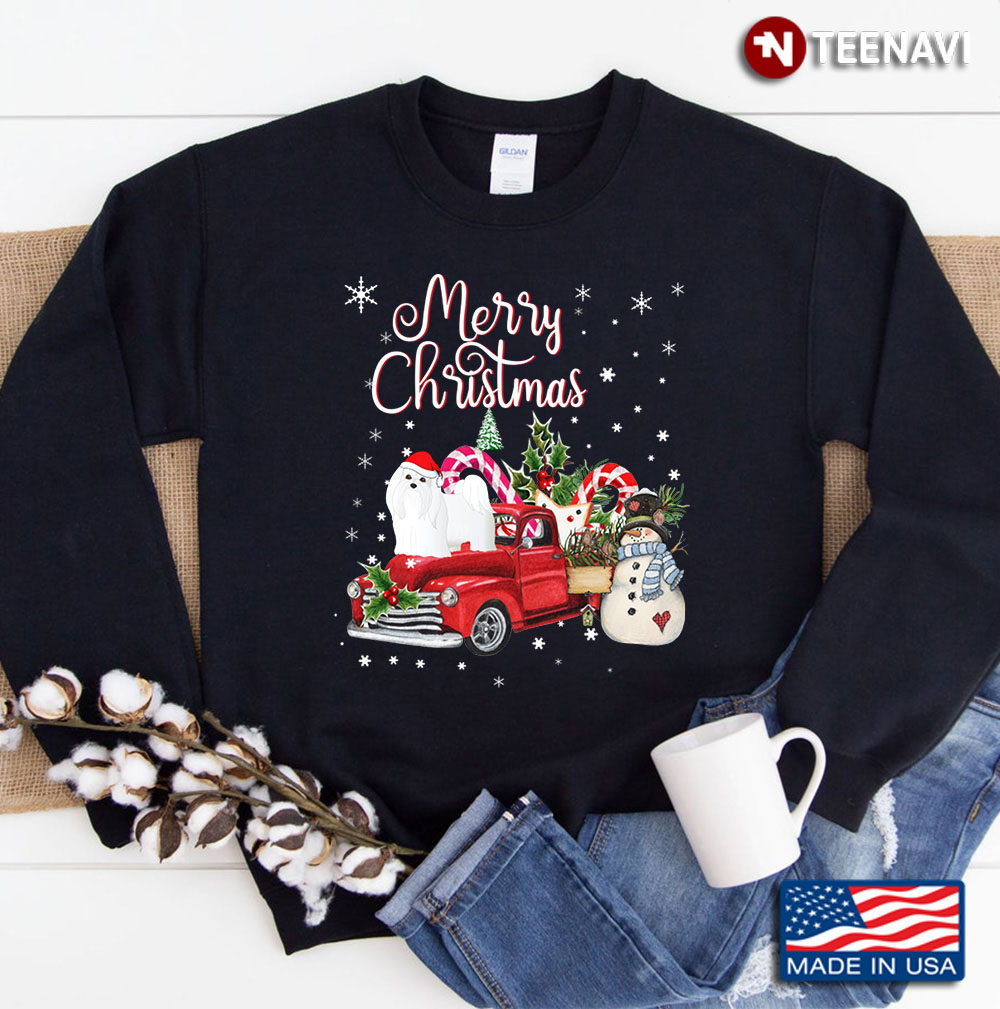 Funny Christmas Maltese Dog Ride Red Truck Xmas Santa Hat Sweatshirt
