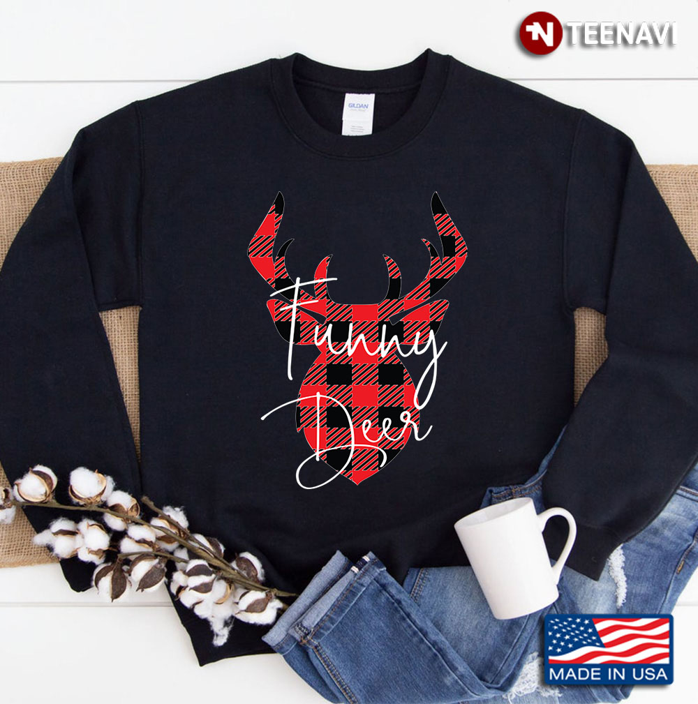 Funny Deer Christmas Pajama Red Plaid Buffalo Matching Design Sweatshirt