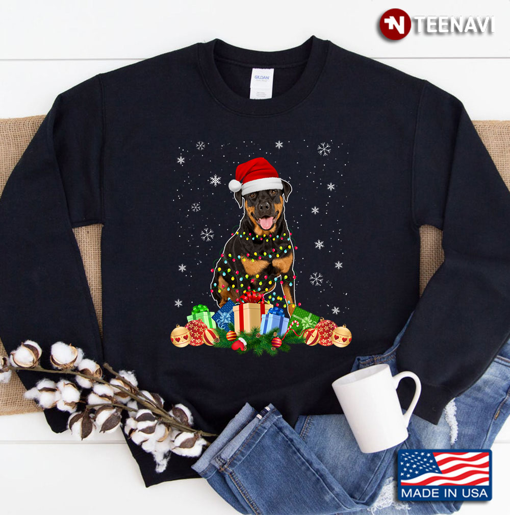 Funny Santa Rottweiler Christmas Lights Dog Lover Gifts Sweatshirt