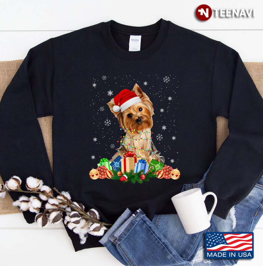 Funny Santa Yorkshire Terrier Christmas Lights Dog Lover Sweatshirt