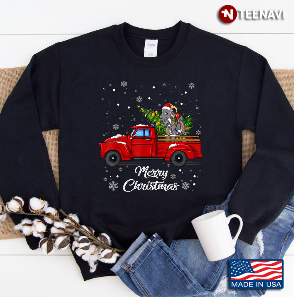 Goat Rides Red Truck Christmas Pajama Gift Sweatshirt
