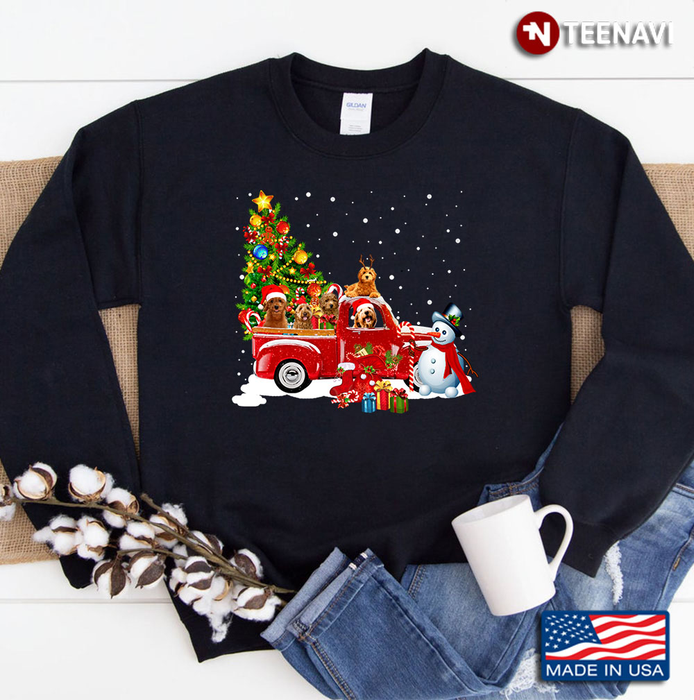 Doodle Dog Christmas On Red Car Truck With Xmas Sweatshirt