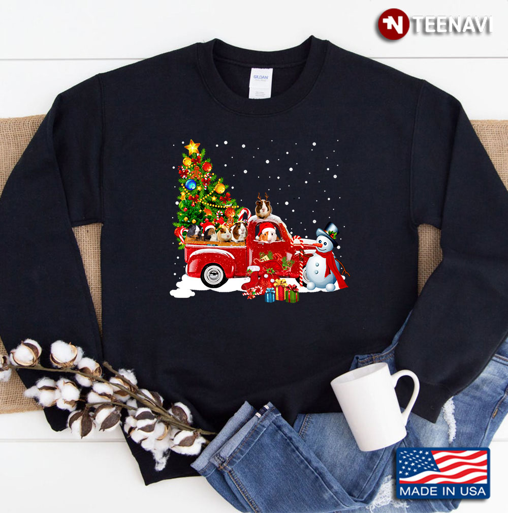 Guinea Dog Christmas On Red Car Truck With Xmas Sweatshirt