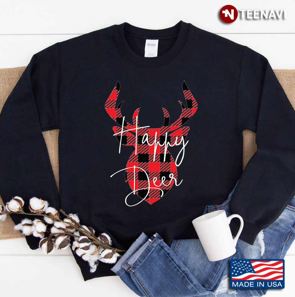 Happy Deer Christmas Pajama Red Plaid Buffalo Matching Product Sweatshirt