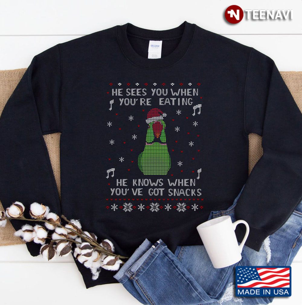He Sees You When You're Eating, He Knows When You've Got Snacks - Green Ringneck Sweatshirt