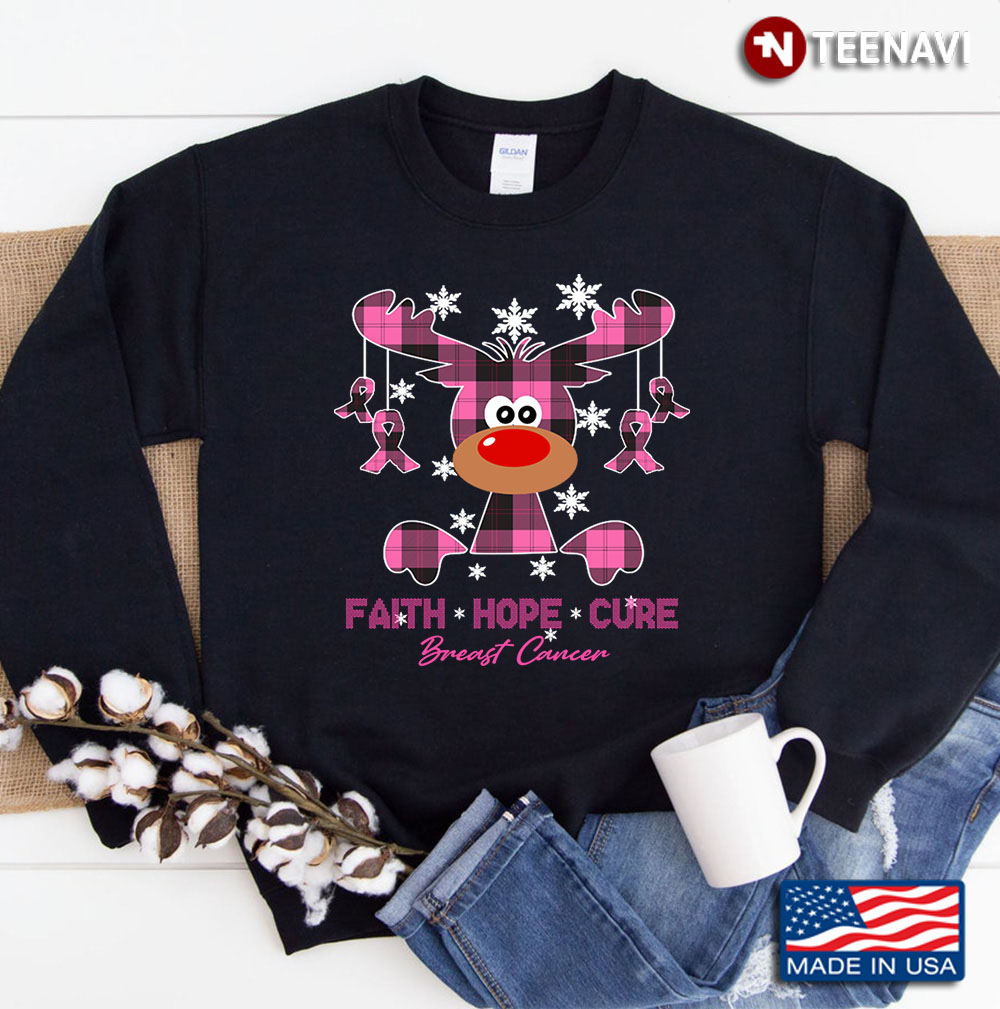 Faith Hope Cure Breast Cancer, Reindeer Buffalo Plaid Sweatshirt