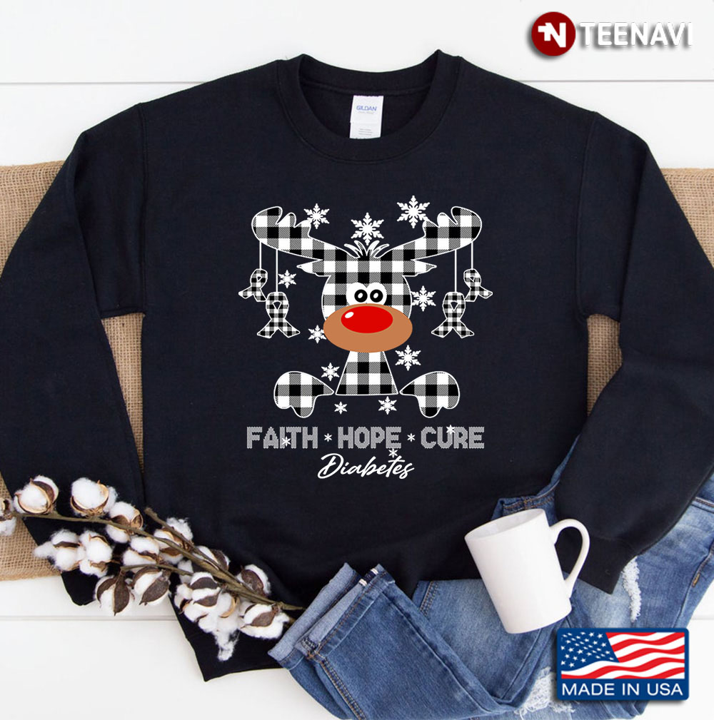 Faith Hope Cure Diabetes, Reindeer Buffalo Plaid Sweatshirt