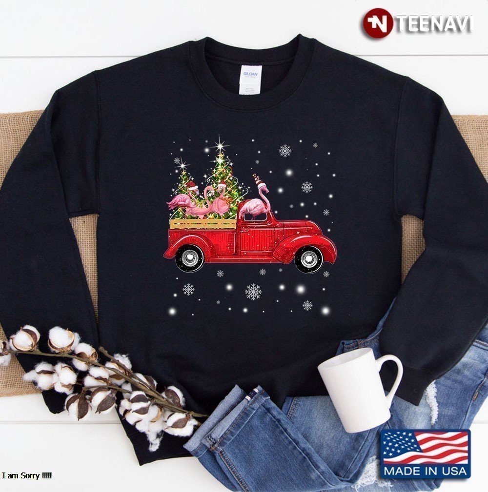 Christmas Three Flamingo Ride Red Truck Xmas Santa Hat Sweatshirt