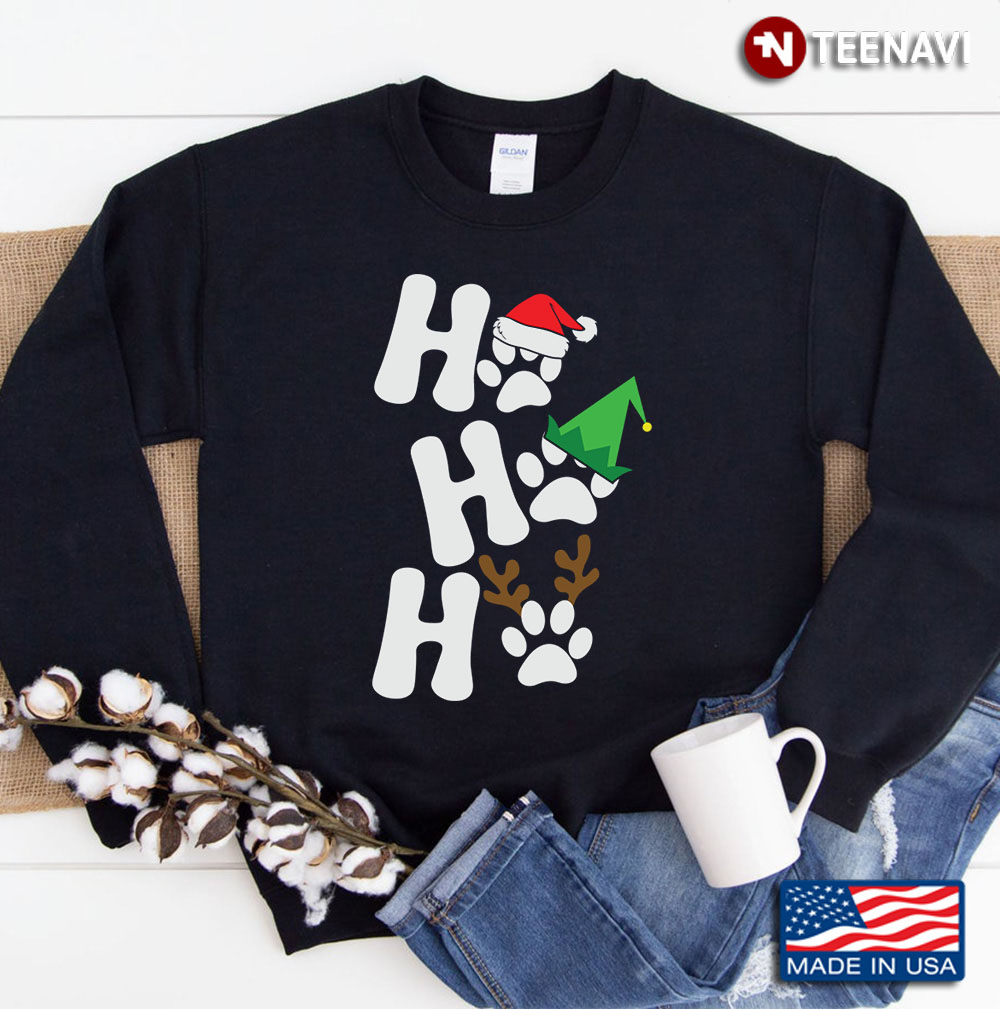 Ho Ho Ho Pawprint Santa Hat Reindeer Horn Funny Christmas Gift Sweatshirt